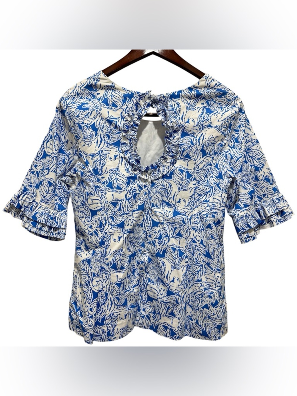 Lilly Pulitzer Lina Top Women 12 Blue White Foxed Up Print Ruffle Rare Preppy - Picture 4 of 11